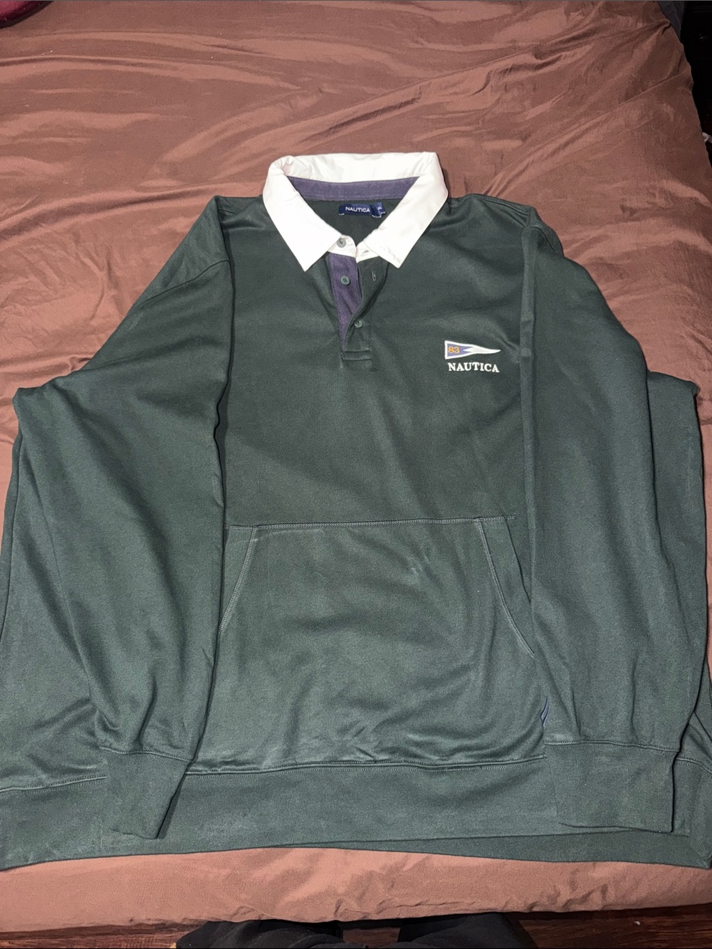 Nautica Dark Green Rugby Pullover with White Collar